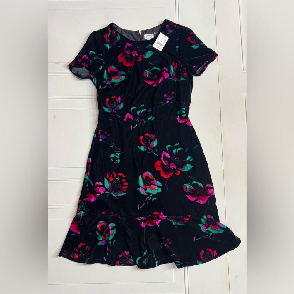 J. Crew NWT Womens Sz 00 Velour Velvet Black Floral Flutter Sleeve Ruffle Dress